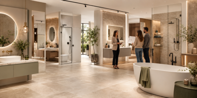 Jasny i przestronny salon łazienek z ekspozycją boksów aranżacyjnych, wolnostojącą wanną oraz doradcą rozmawiającym z parą klientów nad planem łazienki.